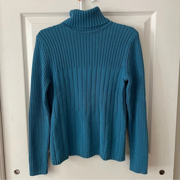 Karen Scott Sport Cotton Teal Ribbed Turtle Smock Neck Sweater Long Sleeve Small - Picture 2 of 10